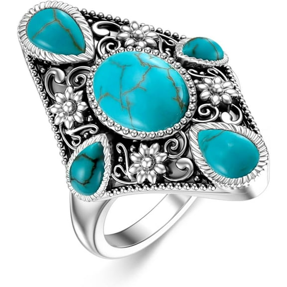 Turquoise Ring 925 Sterling Silver Ring Vintage Natural Turquoise Ring Natural Gemstones Jewelry for Mother Wife Lover Grandmother
