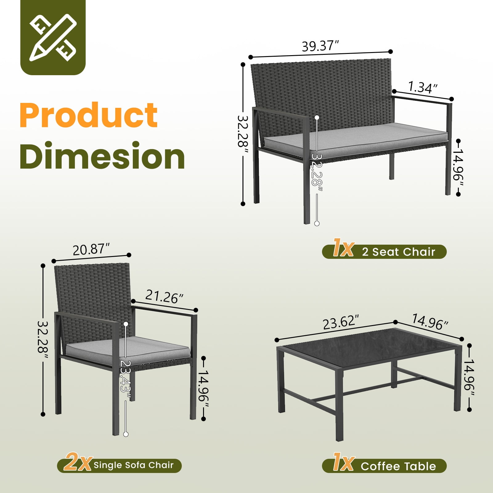 UDPATIO 4 Piece Patio Furniture Sets, Outdoor Conversation Sets of 4, 4 Pieces Wicker Patio Furniture Set with Coffee Table, Gray