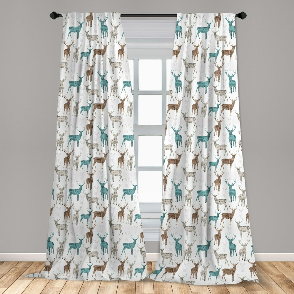 Deer Curtains 2 Panels Set, Animals with Old Text Pattern Christmas