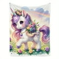 thumbnail image 5 of Charming Unicorn Flannel Blanket Soft Skin-Friendly All-Season Cartoon Themed Throw with Anti-Tear Design Digital Print Knit Fabric for Sofa Bed Car Camping Home Decor Purple Meadow Unicorn, 5 of 7