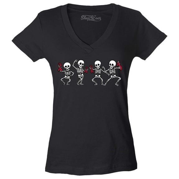 Shop4Ever Women's Skeletons With Pink Ribbons Slim Fit V-Neck T-Shirt Large Black
