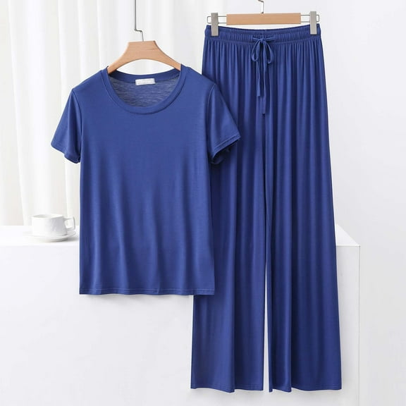 Ndbuld Pajama Set for Women Classic Loose Short Sleeve Pjs Set Women's Round Neck Loose Solid Color T-shirt Lace Up Wide Leg Pants Home Wear Two-piece Pajama Sets Great Gifts for Less Blue M