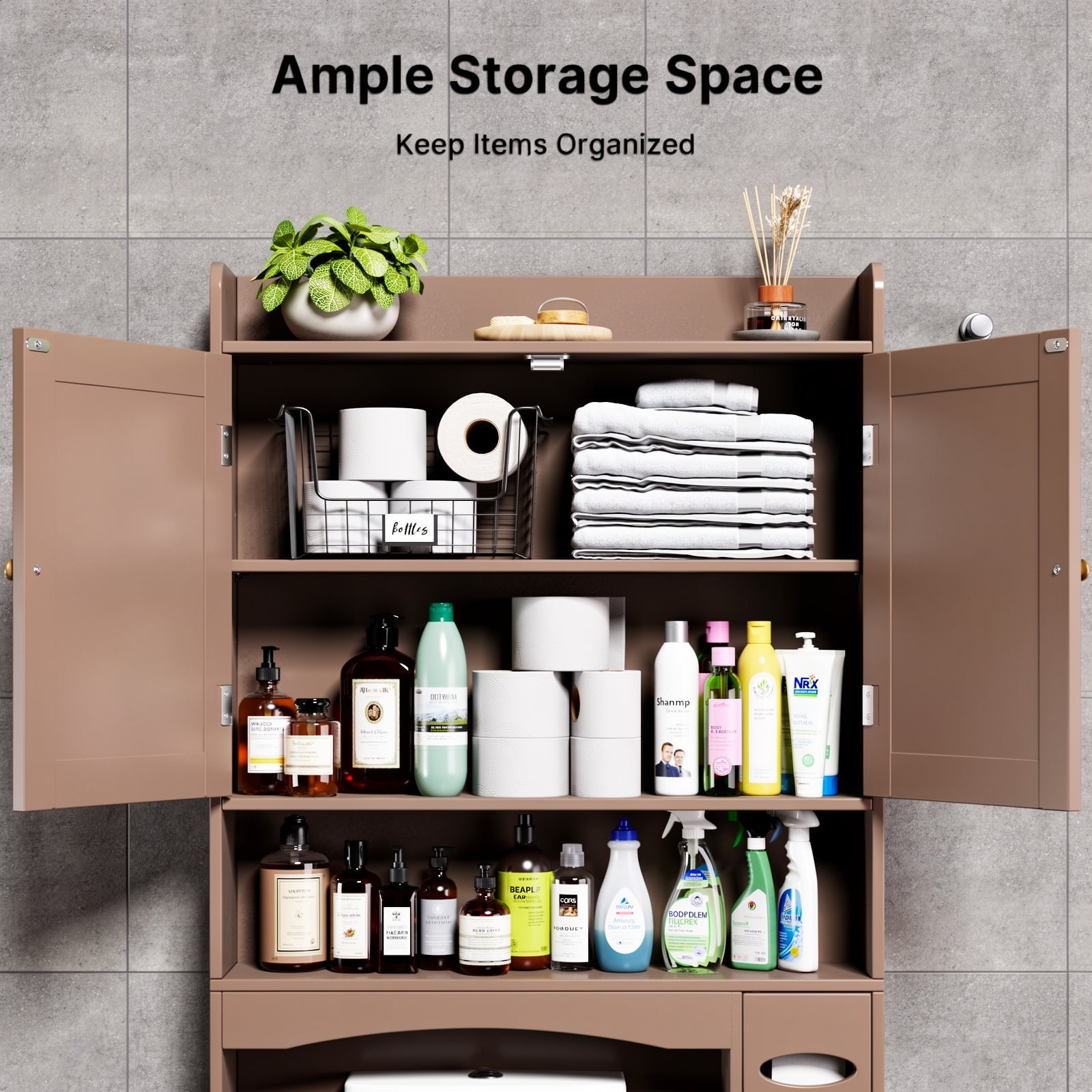 Aiho 70.3" Tall Over the Toilet Storage Cabinet, Bathroom Organizer Above Toilet with Adjustable Shelves & 2 Side Hooks, Space Saver for Bathroom, Laundry, Dark Brown