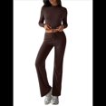 thumbnail image 2 of Conjuntos de 2 Piezas para Mujer, Larga, Cuello Redondo, Pantalones Acampanados de Cintura Alta, Conjuntos de Chándal, Ropa de Calle. Marrón S, 2 of 10
