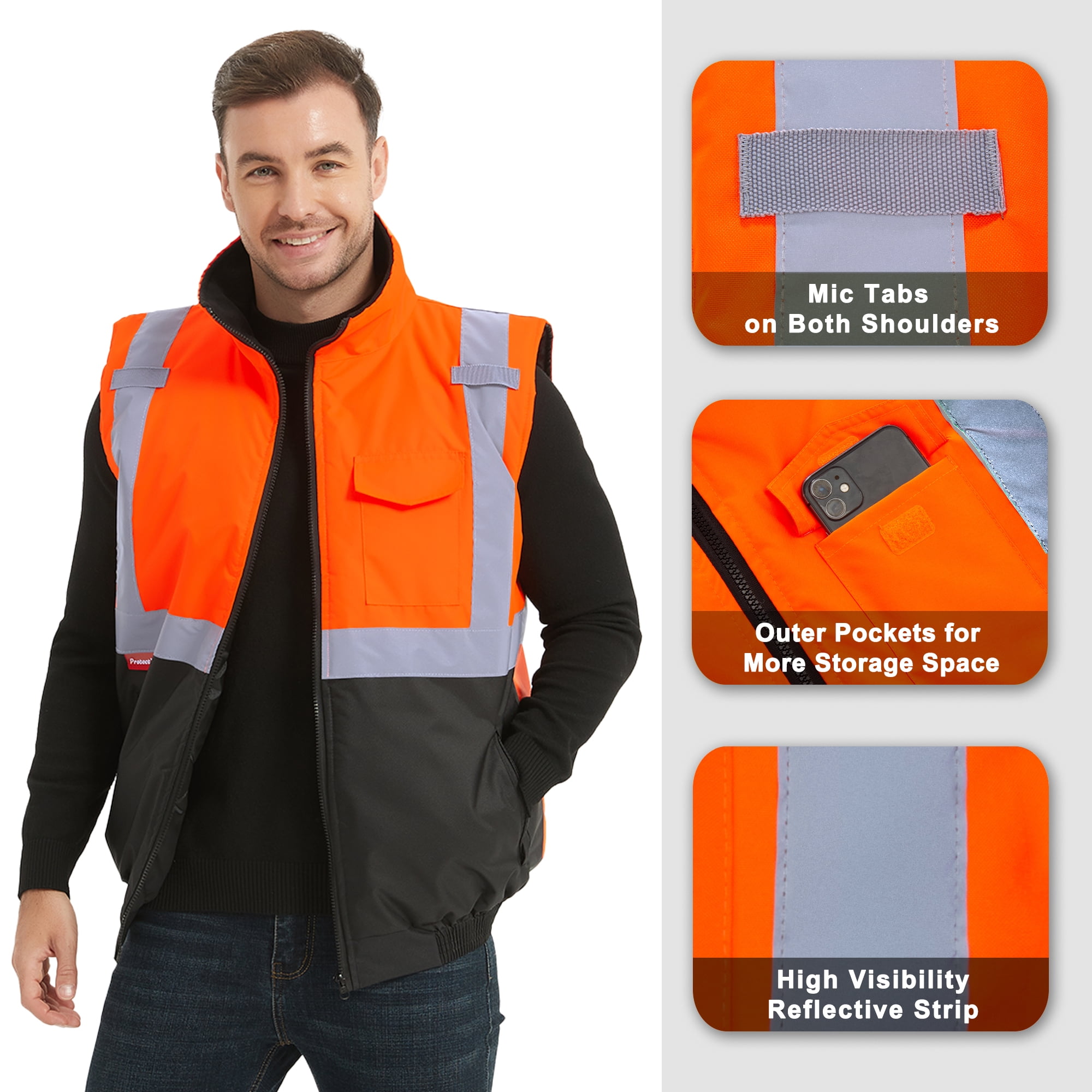 ProtectX Safety Winter Vest for Women Men, High Visibility Reflective Vest, Insulated Construction Workwear, Wind Resistant,Waterproof, Orange, X Large