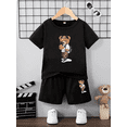 thumbnail image 3 of Conjunto de ropa para niños y adolescentes con estampado de oso de marca, camiseta de cuello redondo y traje corto de 2 piezas, informal, de verano, para niñas y bebés, 3 of 5