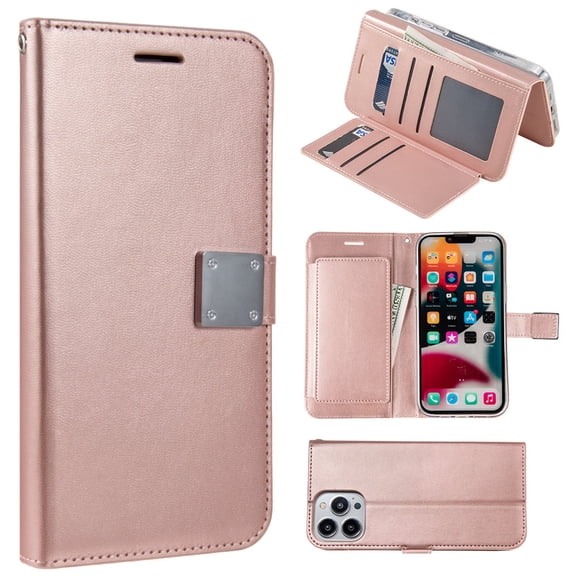 Extra Series Essential Leather Wallet Stand Case for iPhone 15 Pro Max - Rose Gold