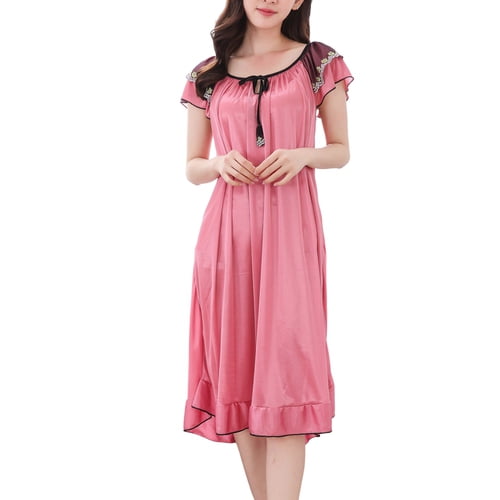 Skymirror O-Neck Lace-up Short Sleeve Thin Sleeping Dress Women Smooth Satin Ruffle Hem Summer Nightdress