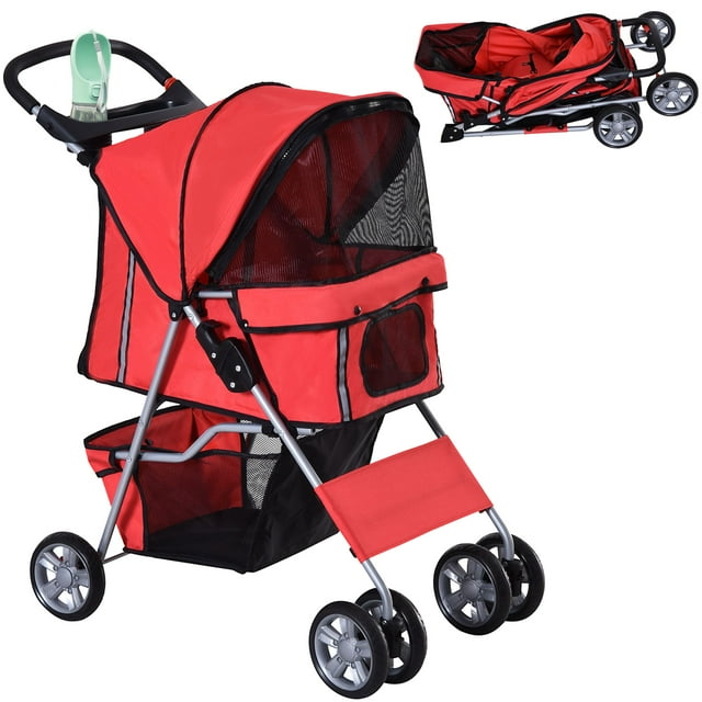 Poussette pour Animaux à 4 Roues, Transporteur pour Chien et Chat, Pliable, Auvent Pare-Soleil avec Frein, Rouge