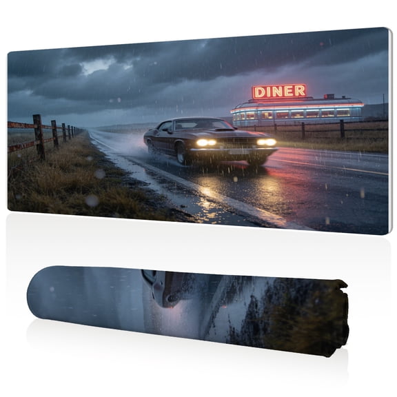 LIVEKEY XXL Mouse Pad Rainy Night Drive Diner Design 80x40x0.3cm Extra Large Full Desk Coverage Non Slip Durable Easy Clean Stitched Edges for Gaming and Office