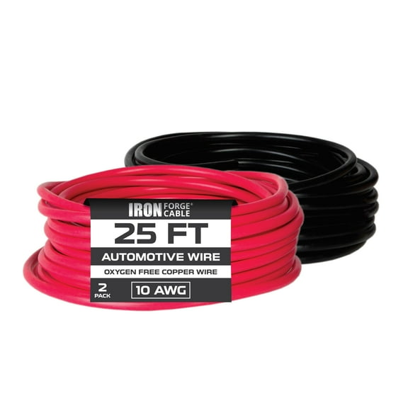 Iron Forge Cable 10 Gauge Primary Wire - 2 Pack 25ft Pure OFC Oxygen Free Copper Wire - 10 Gauge Heavy Duty Cables for Battery - 1 Red and 1 Black