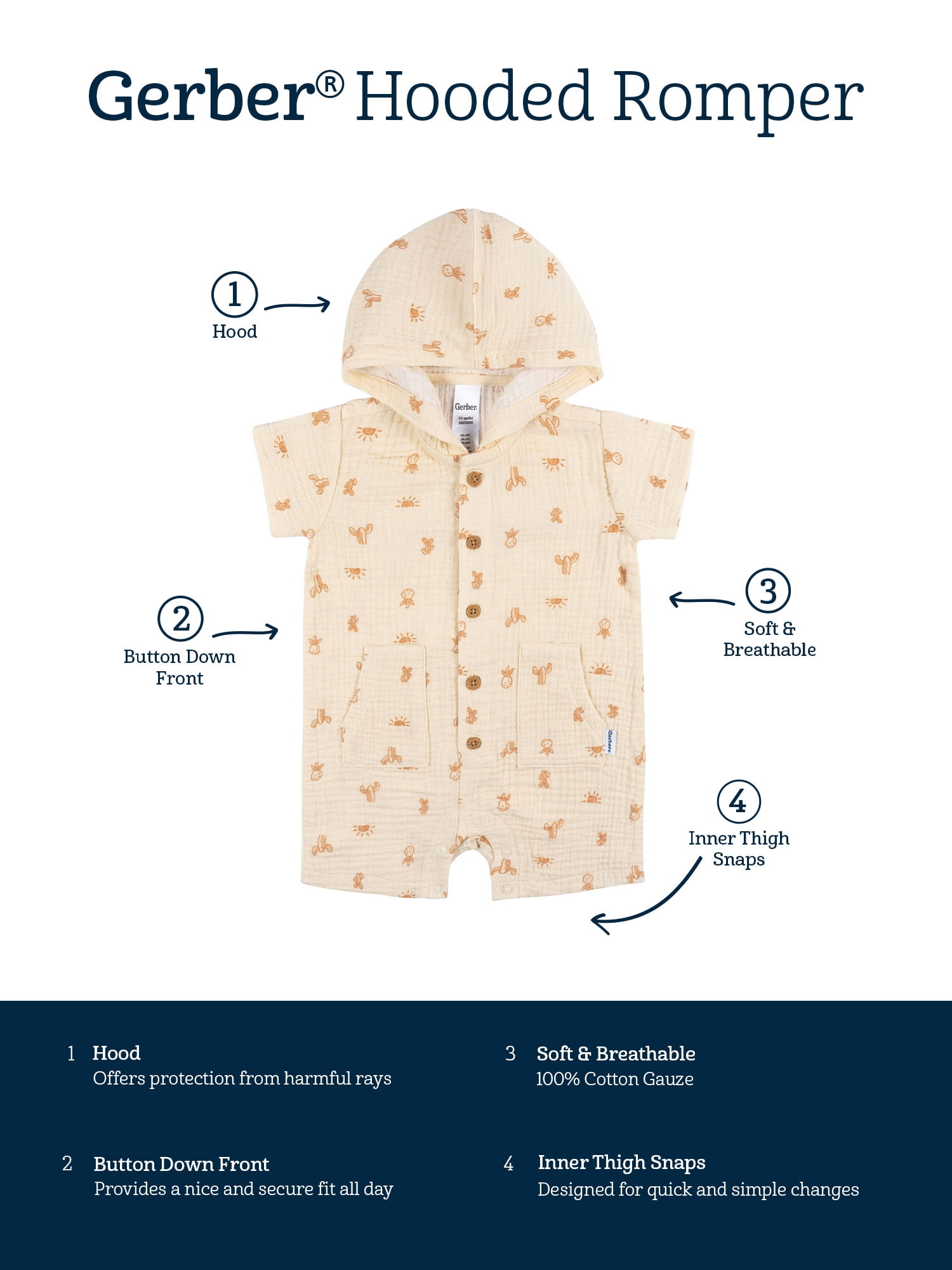 Gerber Baby Boy Short Sleeve Hooded Romper, Sizes Newborn - 24 Months