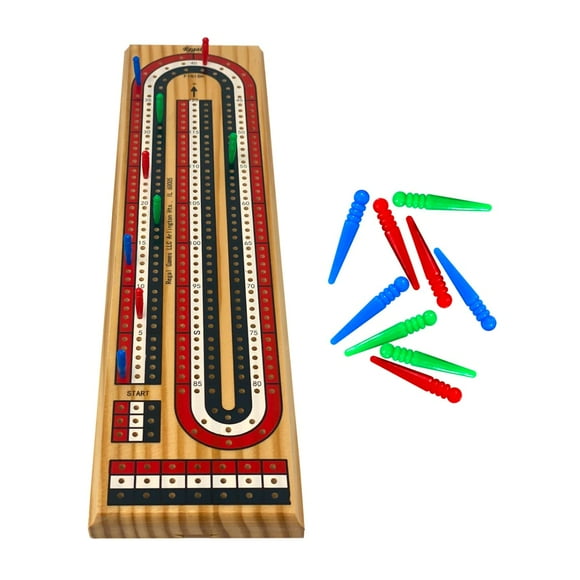 Regal Games Cribbage Board Game Set with Unique Wooden Cribbage Board (11"" x 4.5"" x 2.75"") & 9 Multi-Colored Cribbage Pegs - Family Fun Game Night - Ideal for 2-4 Person