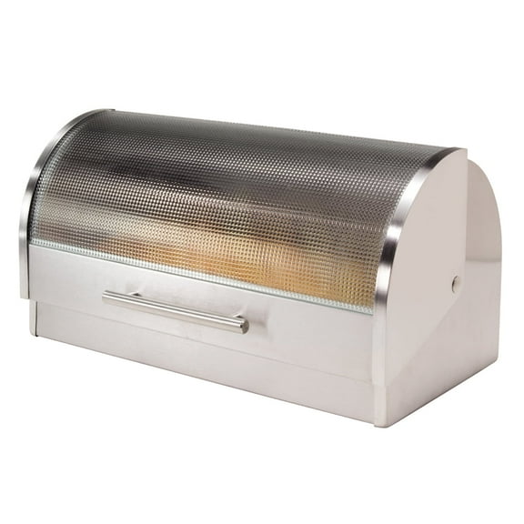Oggi Stainless Steel Bread Box with Tempered Glass Roll Top Lid