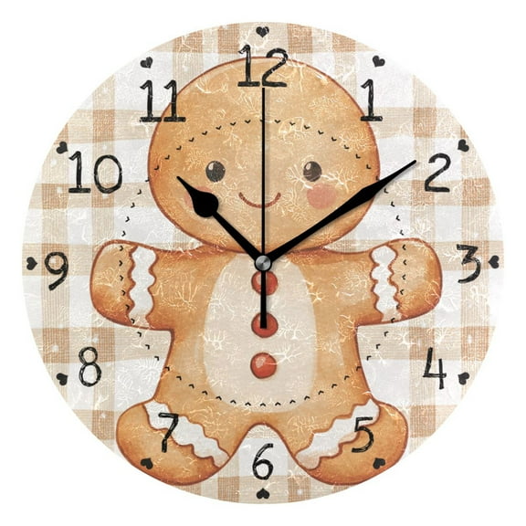 Plaid Background Gingerbread Man Cute Christmas Round Wall Clock Silent Analog Battery Operated Black Pointer Home Decor 9.84" Diameter