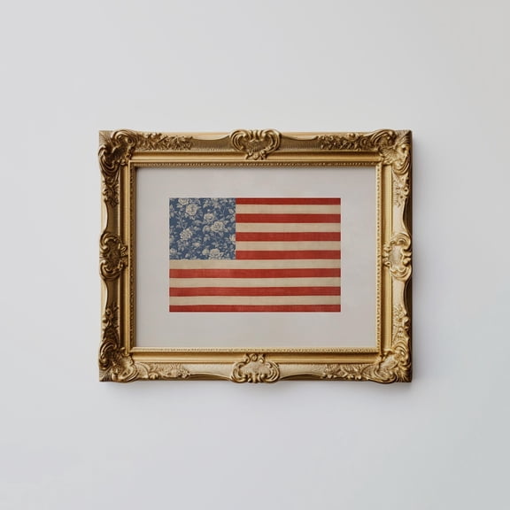 Chinoiserie Toile American Flag Wall Art 4th Of July Decor Grandmillennial Style Rustic Americana, Unframed Paper Poster 8x10in