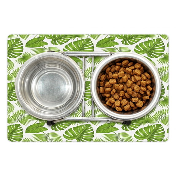 Exotic Pet Mat for Food and Water, Repeating Tropical Forest Themed Pattern of Summer Season Nature Leaves, Non-Slip Rubber Mat for Dogs and Cats, 18" X 12", by Ambesonne