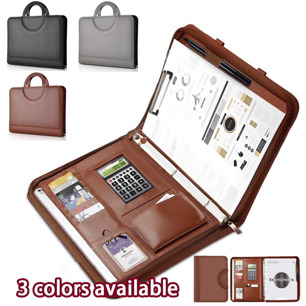 3 Ring Binder File Storage Bag Suitable for Business Trips Interviews Meetings Gray AtailorBird A4 PU Leather Portfolio Folder with Zipper & Phone Holder 