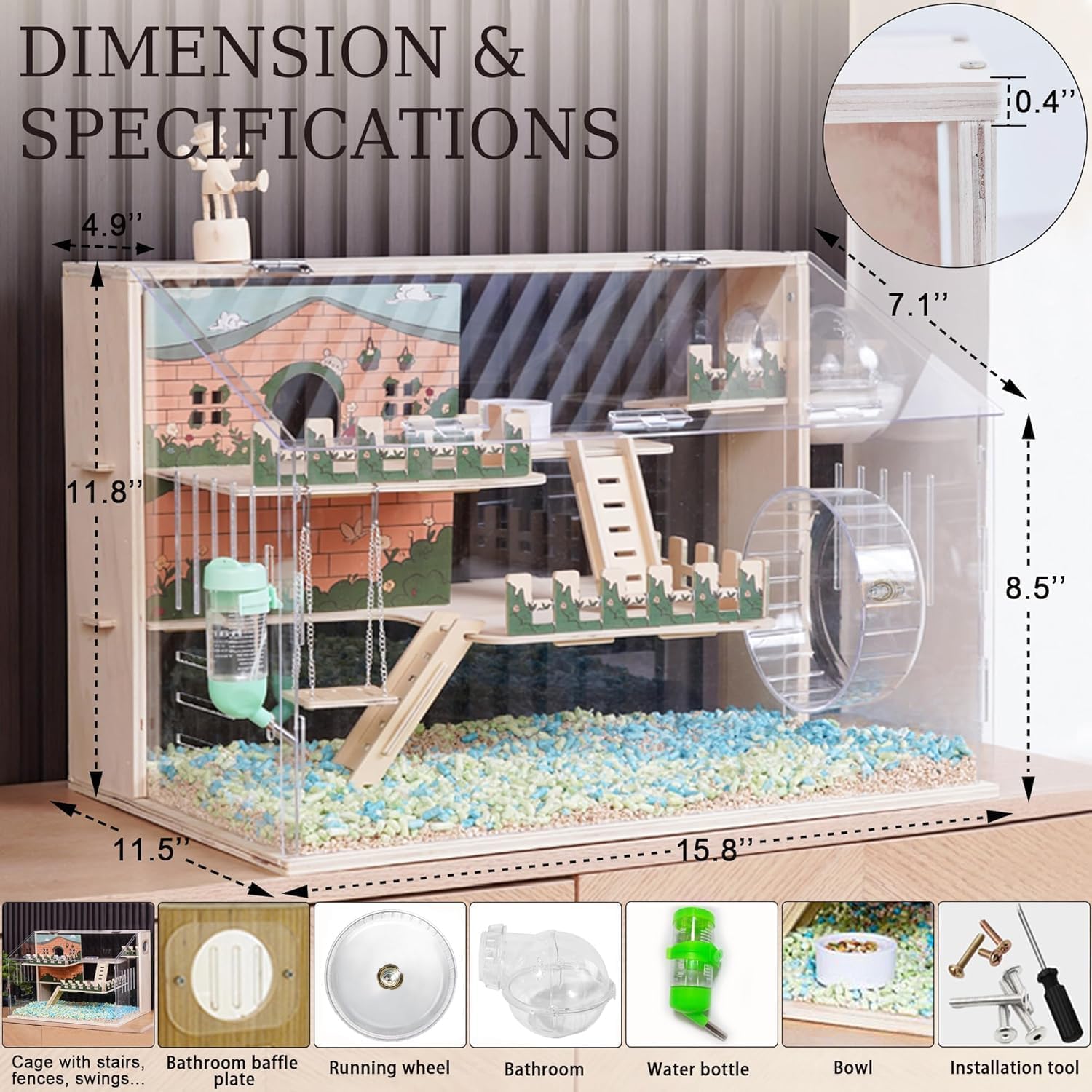 11 in 1 Wooden Hamster Cage with All Accories 15.8 Inch 3Layer Dwarf Hamster Cage Acrylic Small Animal Cages Pastoral Style Mouse Cage for Pet Mice Hedgehog with Stairs Fences and Swing