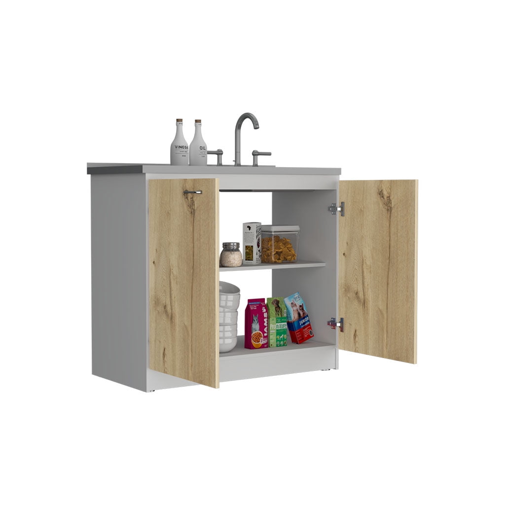 Rainlex Napoles 39" White & Light Oak Utility Sink Cabinet with Stainless Steel Basin, Double Doors & Shelf Storage