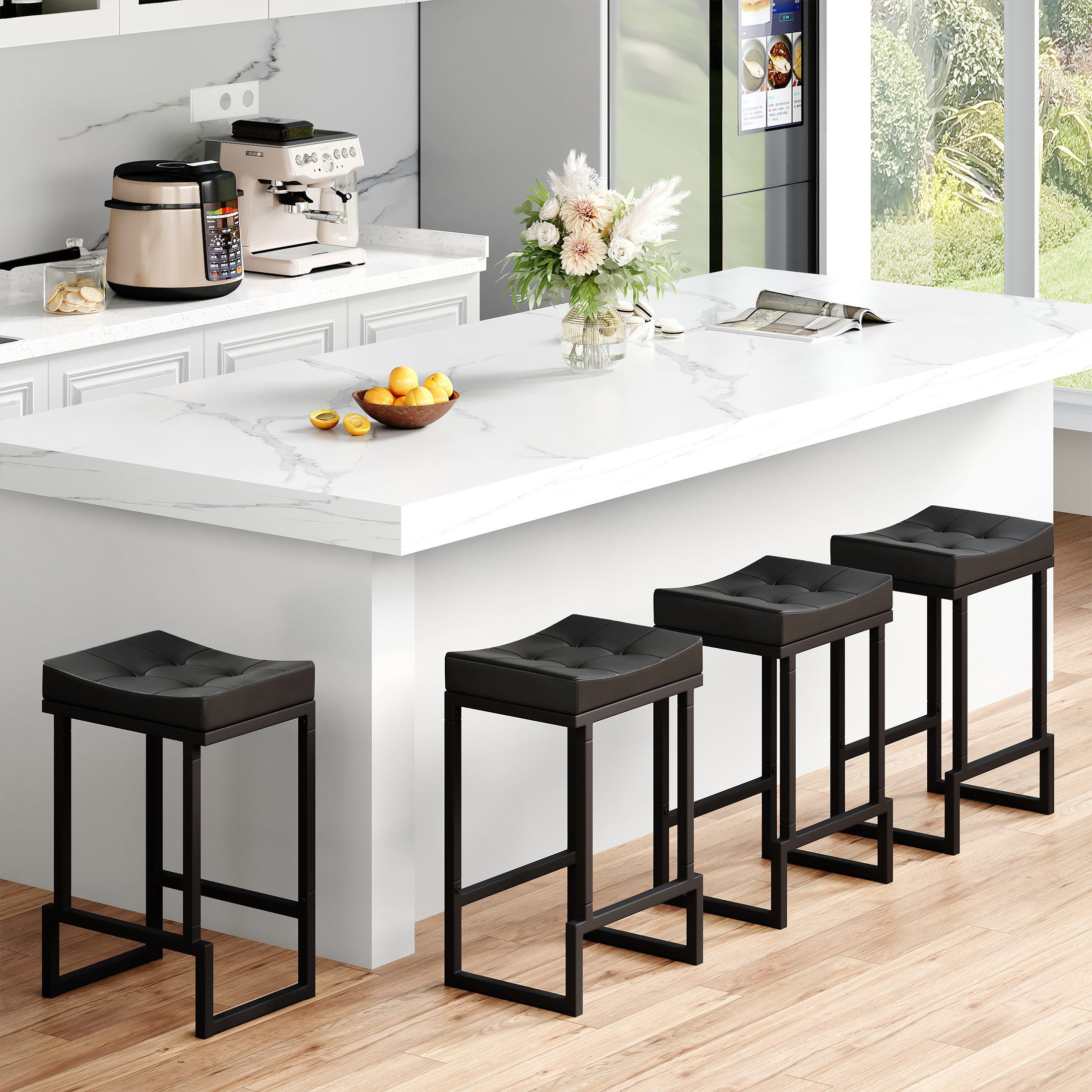 FIRAVOE Bar Stools Set of 4, 24" Counter Height Bar Stools (Backless Saddle) Modern Faux Leather Black Barstools for Kitchen Island
