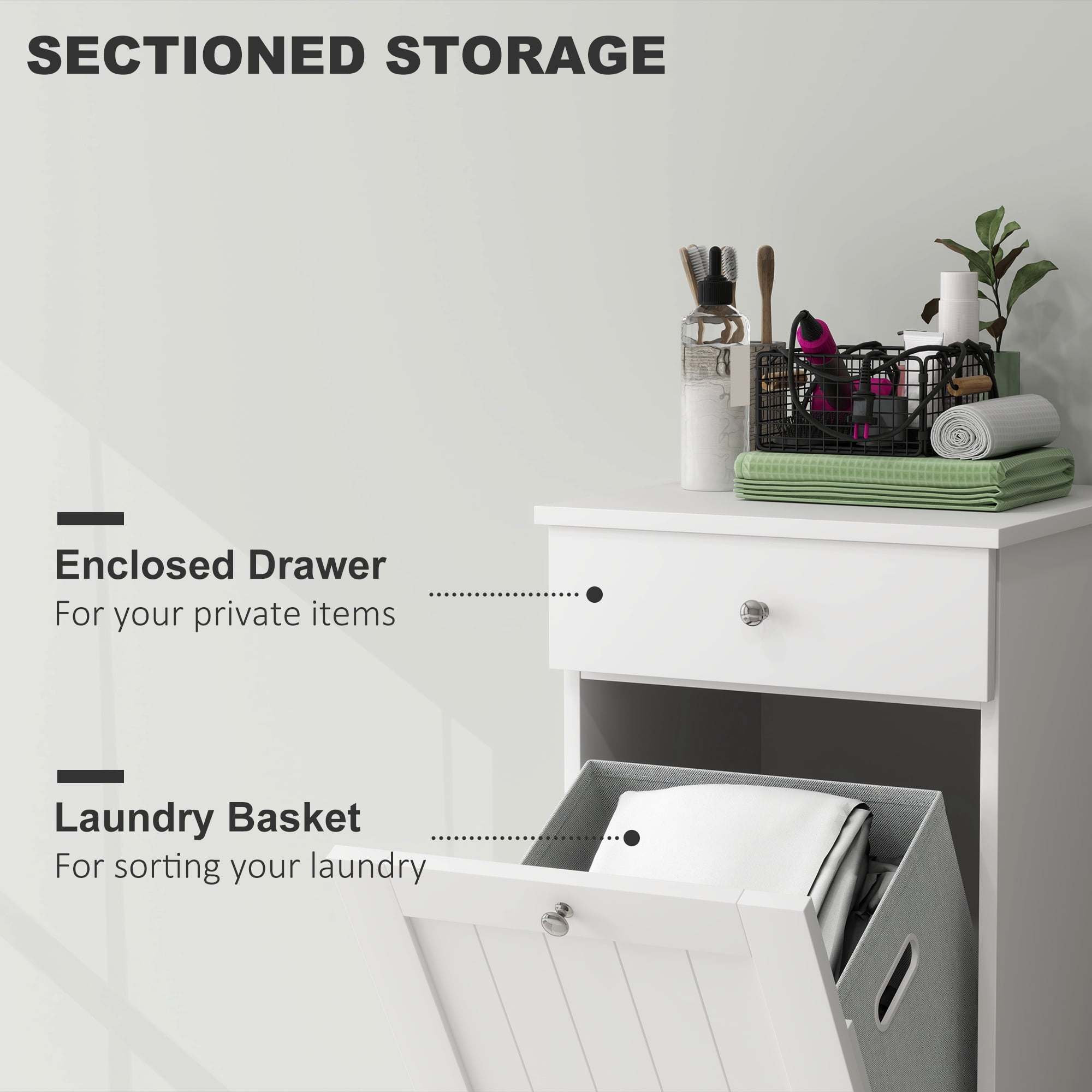 HOMCOM Tilt Out Laundry Hamper, Laundry Hamper Cabinet with Basket, Laundry Cabinet Bathroom Storage Cabinet with Drawer, White