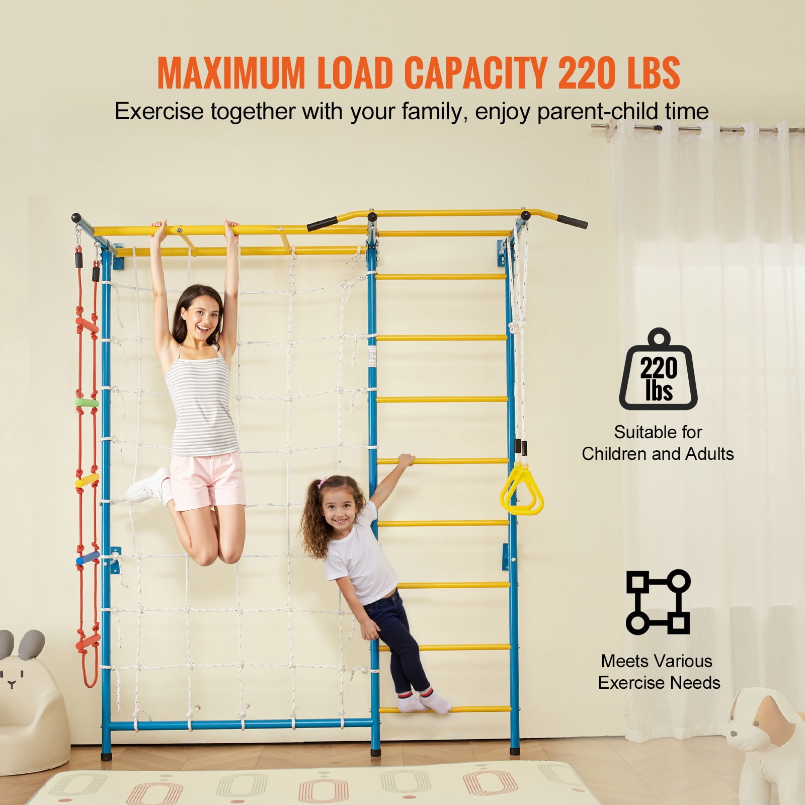 KFFKFF Indoor Play Equipment for Young Kids, 7-Feature Climbing Structure with Carbon Steel Swedish Steps, Wall Steps, Chin-Up Bar, Cord Steps, and Athletic Loops, Holds up to 220 lbs, Various Colors