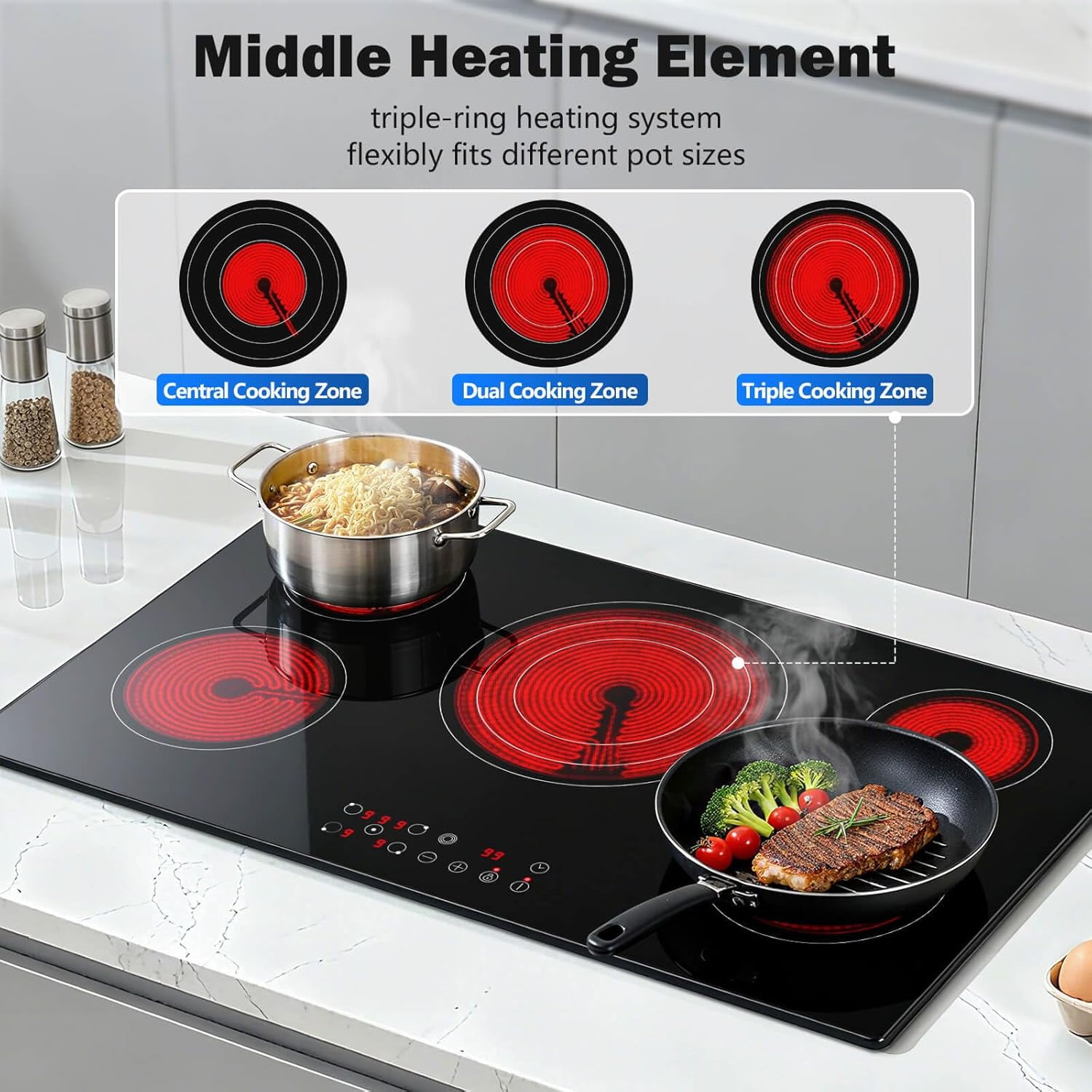 36 inch Electric Cooktop 5 Burners 9000W Built-in Glass Ceramic Electric Stove Top with Touch Control 9 Power Levels Child Lock Triple-Ring Zone 240V Hardwired for Kitchen Countertop 36"