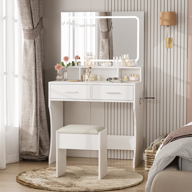 EDTara Vanity Desk With Mirror and Lights, Features 3 Color Modes, Cushioned Stool, 2 Spacious Drawers, and a Convenient Charging Station, Ideal Modern Dressing Table for Bedroom or Studio