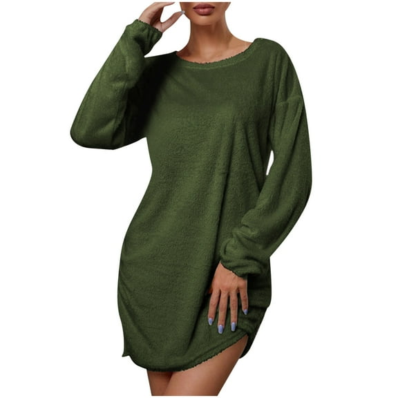 Lovskoo Womens Fleece Tunic Pullover Long Sherpa Dress Solid Color Fuzzy Fluffy Sweatshirts Loungewear Olive Green