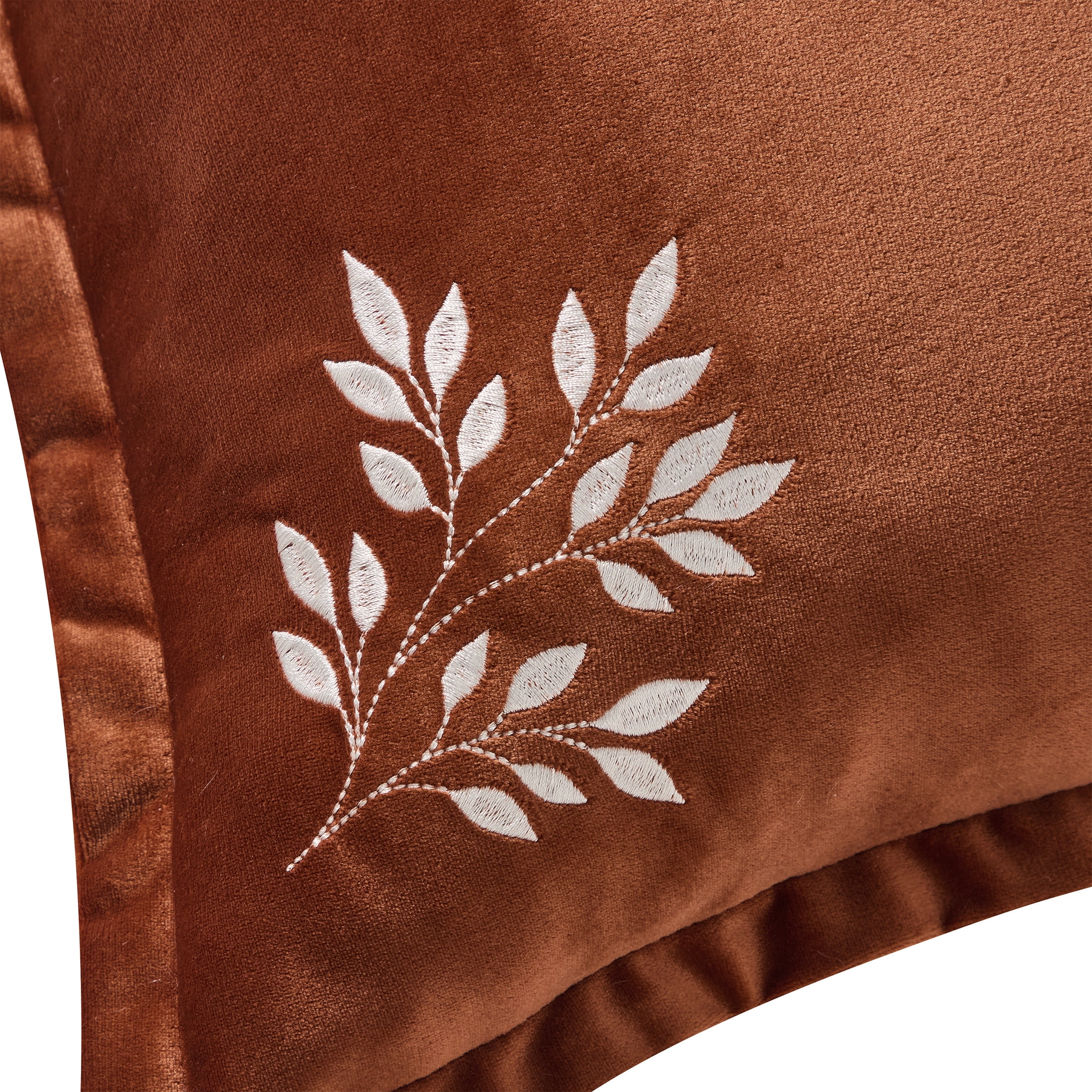 My Texas House 18 in x 18 in Ginger Embroidered Leaves Velvet Decorative Pillow