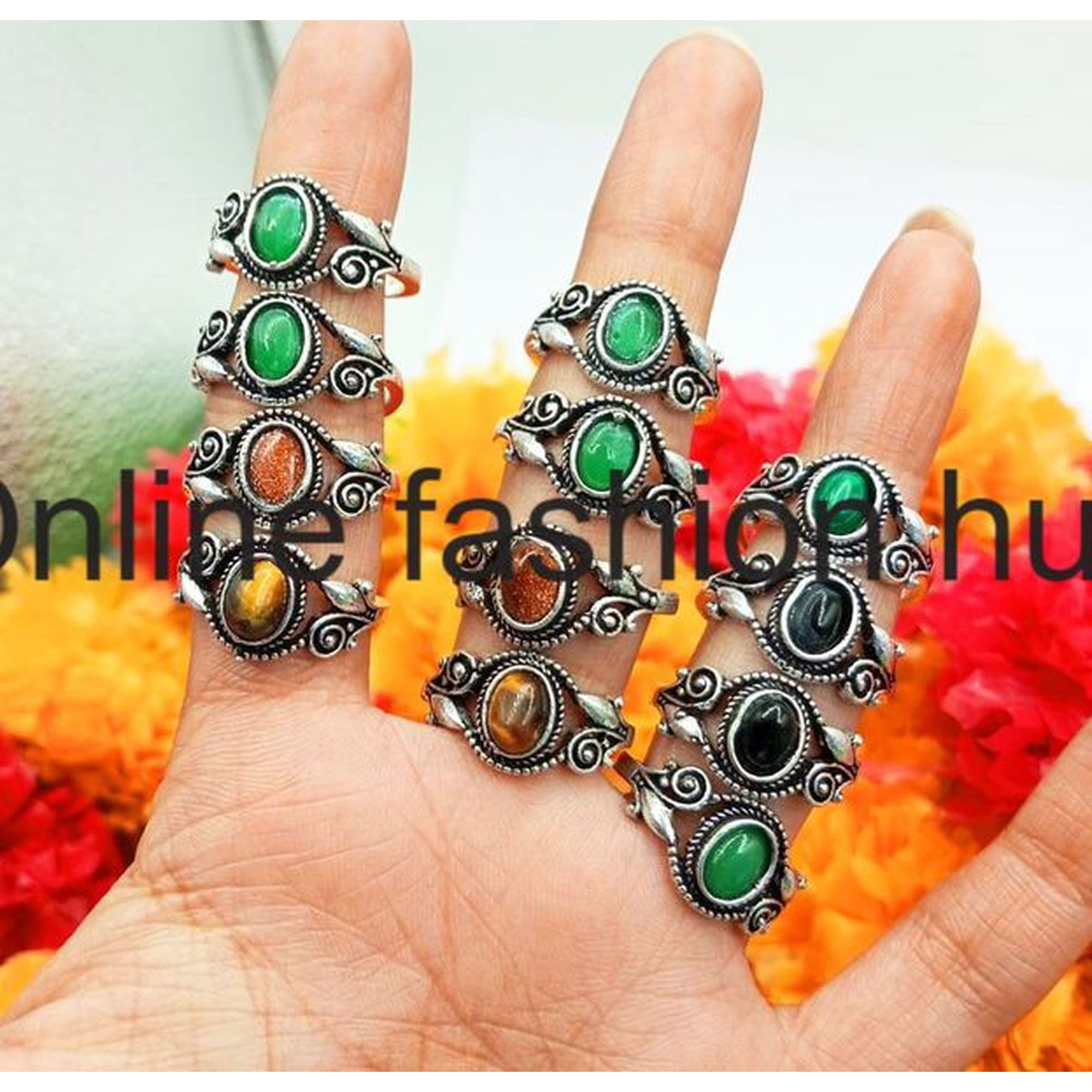 Tiger Eye& Mix Gemstone 925 Sterling Silver Plated Handmade 10pcs Ring