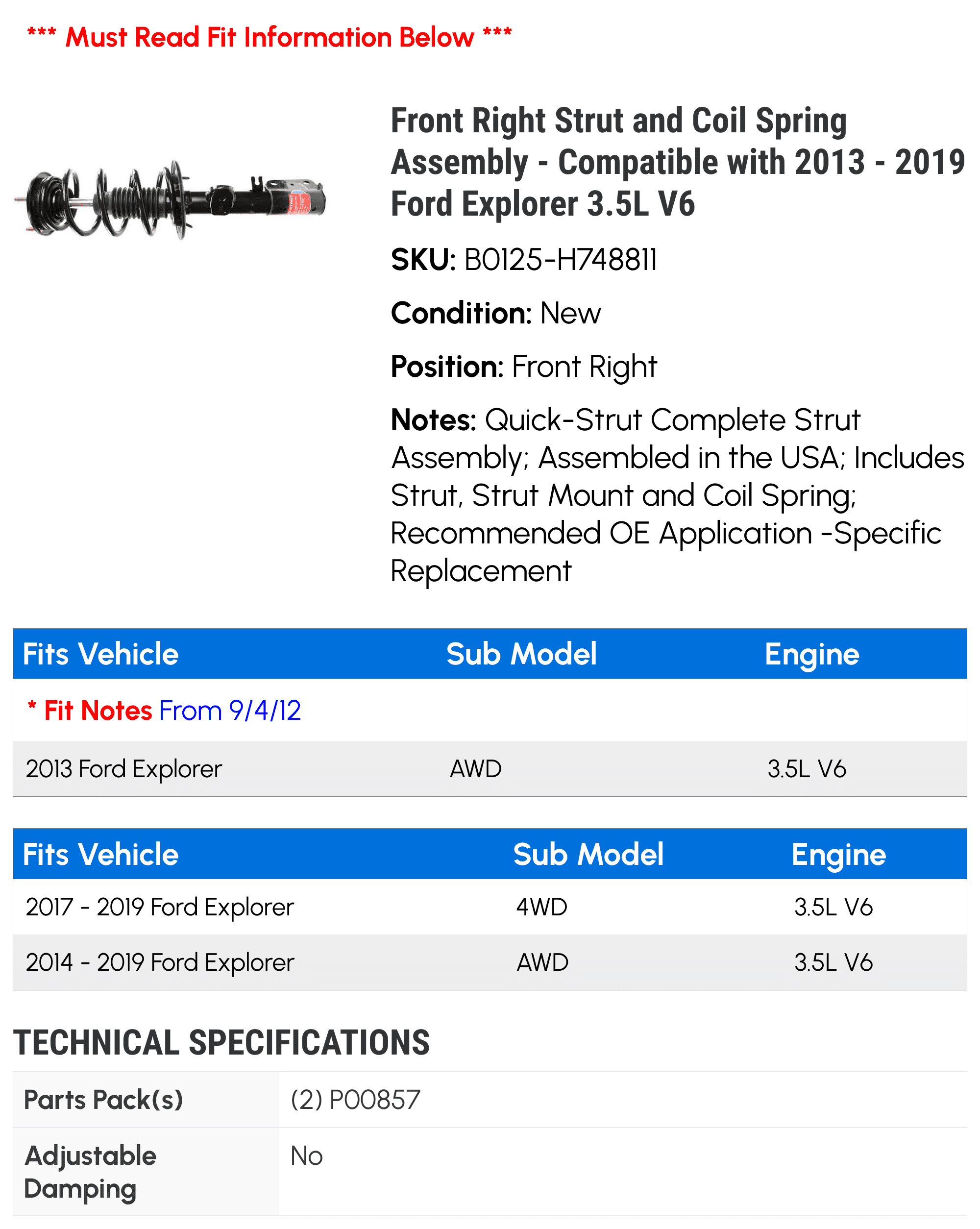 Front Right Strut and Coil Spring Assembly - Compatible with 2013 - 2019 Ford Explorer 3.5L V6 2014 2015 2016 2017 2018