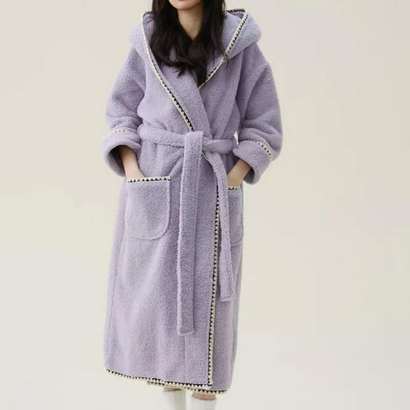 Fanxing Womens Long Hooded Fleece Robe, Soft Warm Spa Bathrobe Winter Cozy Warm Loungewear with Pocket Purple M