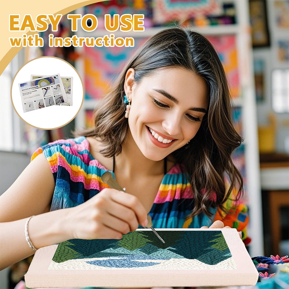 Polyester Cotton Punch Needle 8Folded Yarns Embroidery Kits Included Threader Cotton Thread Punch Needle Thread Clips 3.5MM Wooden Needle Tree