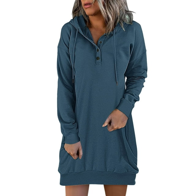 Robes Grande Taille Décontractées à Capuche Manches Longues Chandail en Molleton Boutonné Robe de Soleil à Cordon Marine m