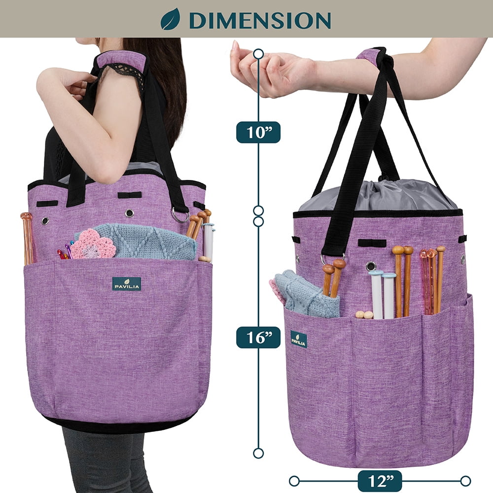 PAVILIA Knitting Bag Crochet Organizer Bag, Yarn Storage Tote, Knitting Accessories Supplies, Yarn Holder For Knitting With Grommets, Needles Hooks Essentials, Crochet Project Case (Heather Purple)