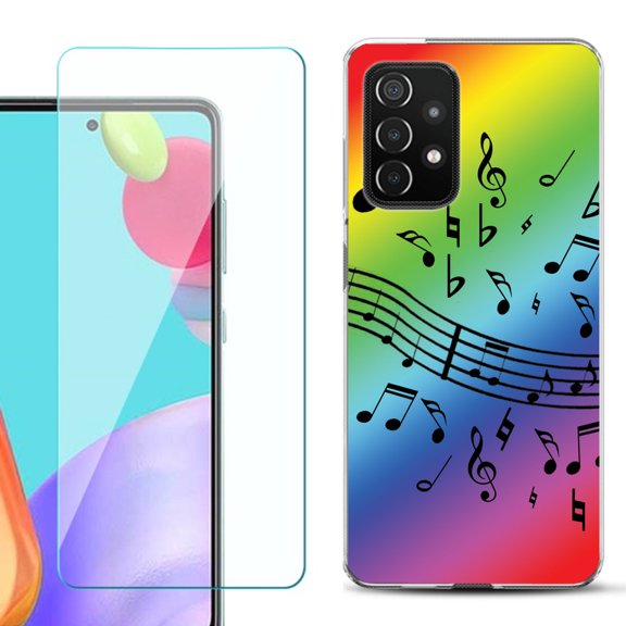 Slim-Fit Flexible Gel TPU Phone Case compatible with Samsung Galaxy A52 5G, with Tempered Glass Screen Protector, by OneToughShield ® - Music Notes / Rainbow