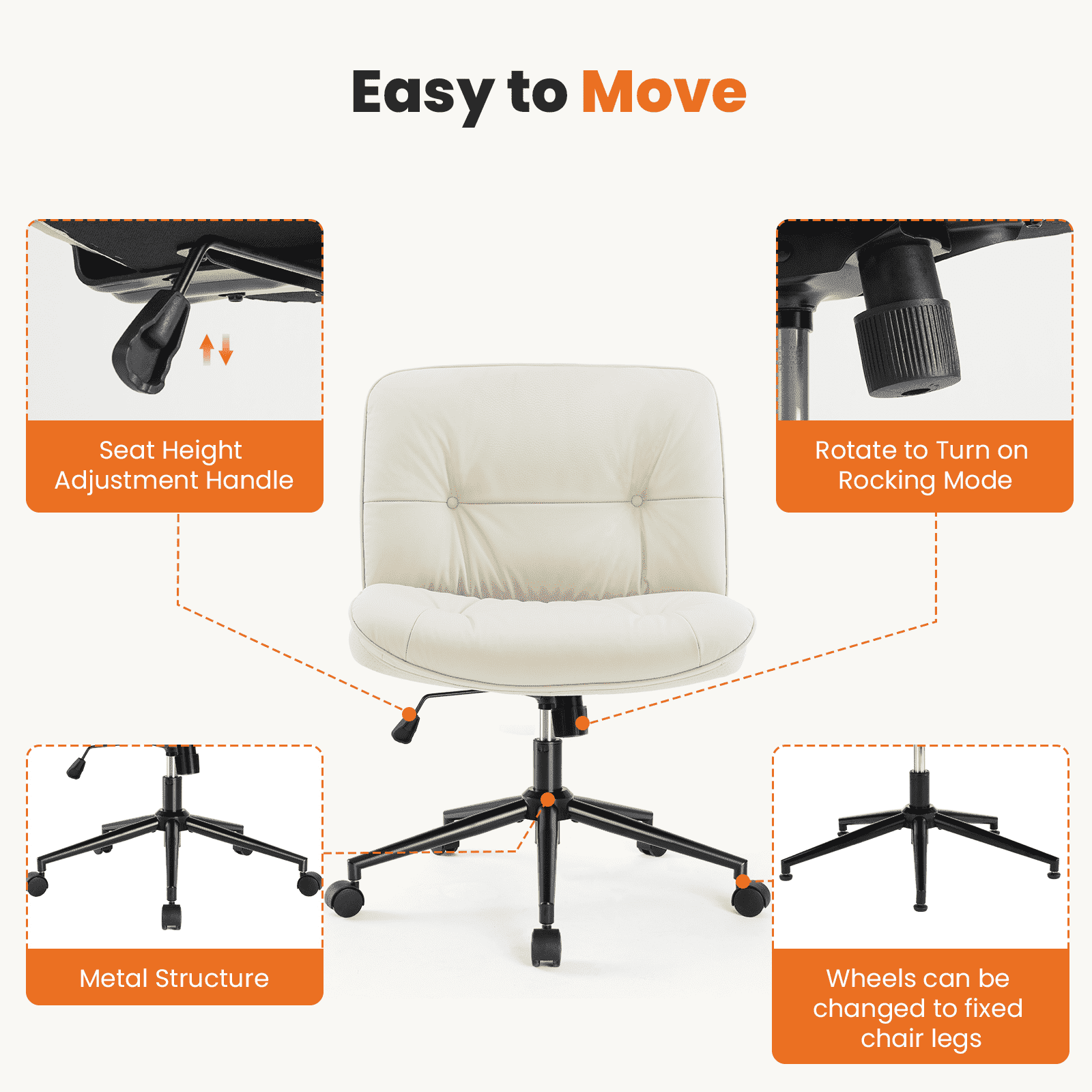 MAYEERTY Criss Cross Legged Office Chair, Armless Wide Seat with Wheels, Swivel Height-Adjustable Comfy Computer Task Seating