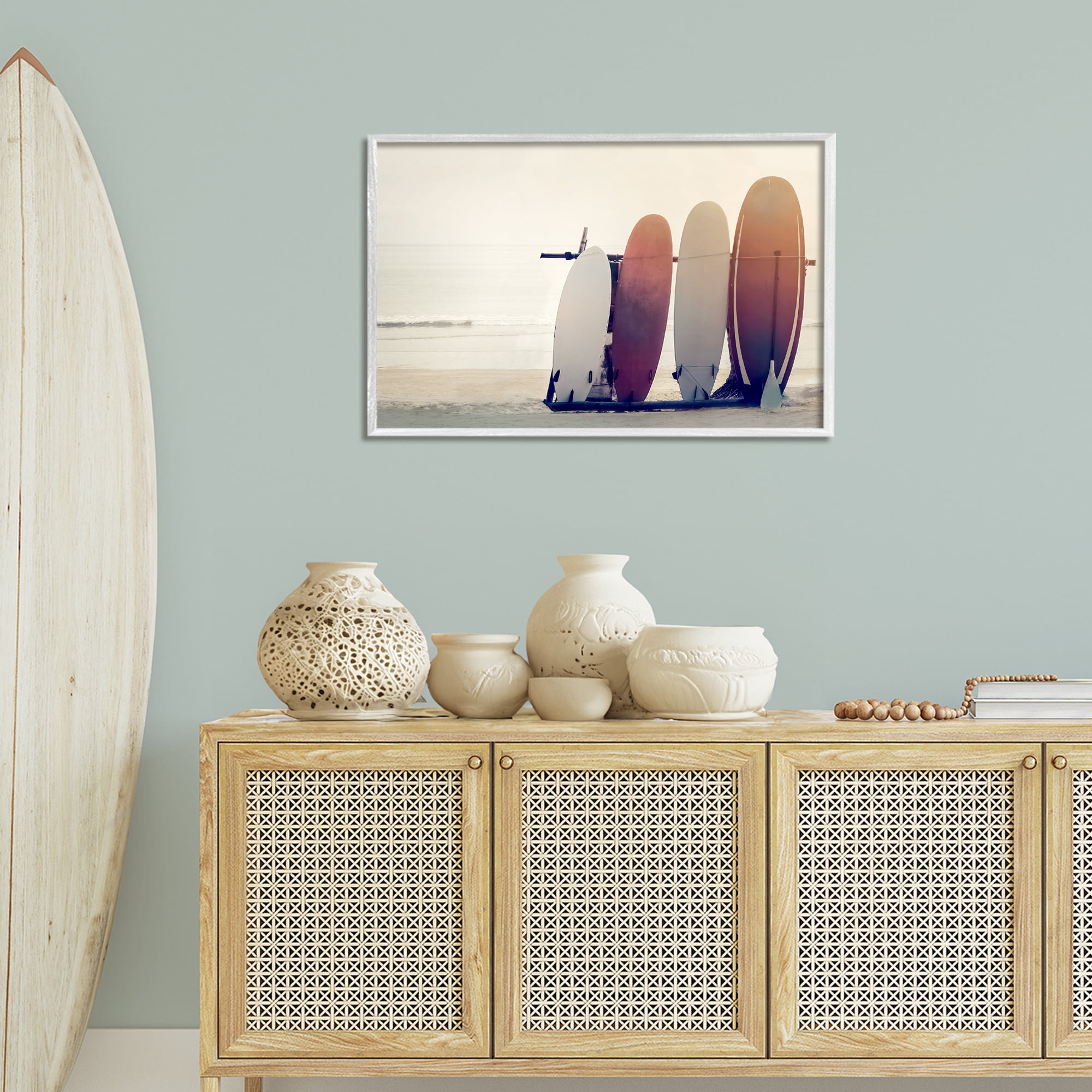 Stupell Industries Beach Surfboards Leaning Landscape Photography White Framed Art Print Wall Art, 30 x 20