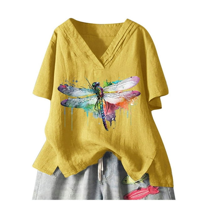 Pompotops Mode Femmes Imprimé Coton+lin Manches Courtes Col en V Hauts d'Été Blouse T-shirt Liquidation