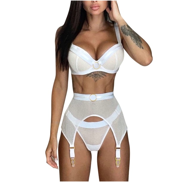 Sujetador de lencería de malla sexy para mujer + Liga + Conjunto de bragas Ropa de dormir Sujetador calado Ropa interior Fridja nalpqowj46396