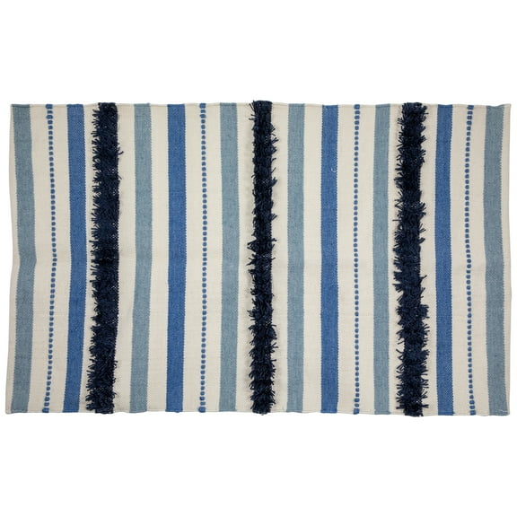 Northlight 3.5' x 2.25' Blue, Cream and Black Striped Handloom Woven Outdoor Accent Throw Rug