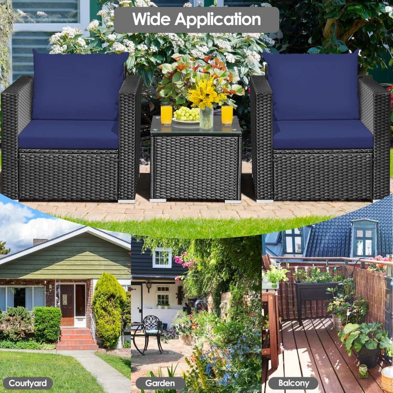 Aimee Lii 3 Pieces Patio Wicker Conversation Set with Cushion, Modern Patio Furniture, Navy Aimee Lii 3 Pieces Patio Wicker Conversation Set with Cushion, Modern Patio Furniture, Navy