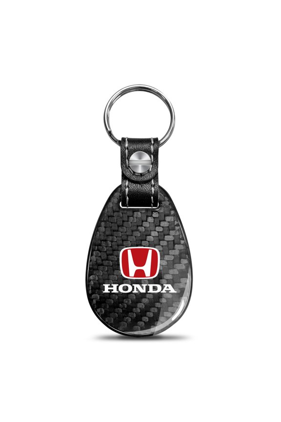 for Honda Logo in Red Real Black Carbon Fiber with Leather Strap Large Tear Drop Key Chain, Official Licensed
