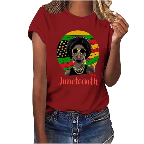 Tops de Manga Corta para las Mujeres de Ajuste Suelto, Día de la Independencia Negro Impreso, Cuello Redondo Suelto Superior
