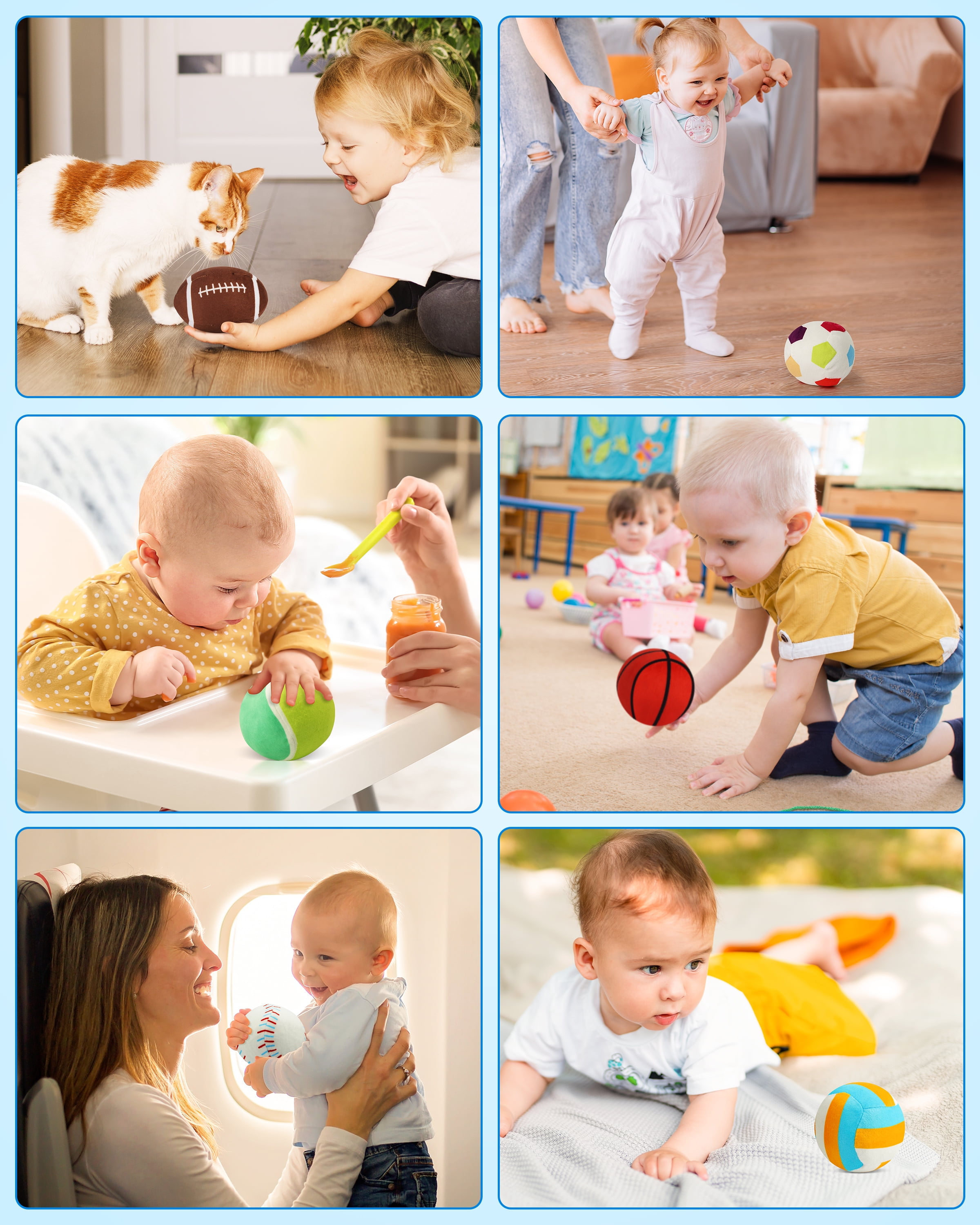 Vanmor Sensory Sports Balls for Babies 6-12M+, 6 Pack Machine Washable Plush Ball Set with Crinkle, Rattles, Squeaky Sounds, Toddler Learning Toys with Travel Bag, Baby Shower Birthday for Newborn