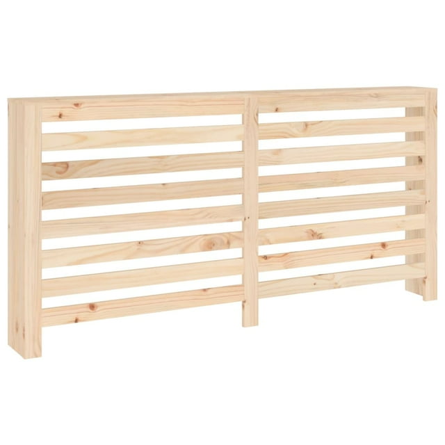 vidaXL Radiator Cover Office Heating Cabinet Cupboard Shelf Solid Wood Pine featuring a modern slat design. Made from untreated solid pine wood with a natural grain and rustic knots, this cover measures 66.5 inches in length, 7.5 inches in width, and 33.1 inches in height. It includes a practical shelf for displaying books, photo frames, or ornaments, making it a functional and decorative addition to any office or home space. Assembly manual included.