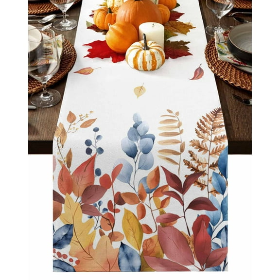 Fall Table Runner Thanksgiving Autumn Maple Leaves Table Runners Orange Blue Leaf Branch Cotton Linen Dresser Scarf Kitchen Dining Table Decor for Fall Holiday Party Decor 13x90 Inch