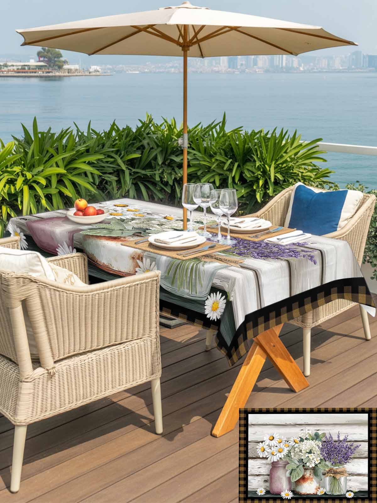 Spring Floral Outdoor Tablecloth - 60x84 Inch Rectangle Dining Table Cover, Pastoral Bottle Flowers Wood Brown Plaid Waterproof Outdoor Table Cloth with Umbrella Hole & Zipper for Picnic/Patio/Party